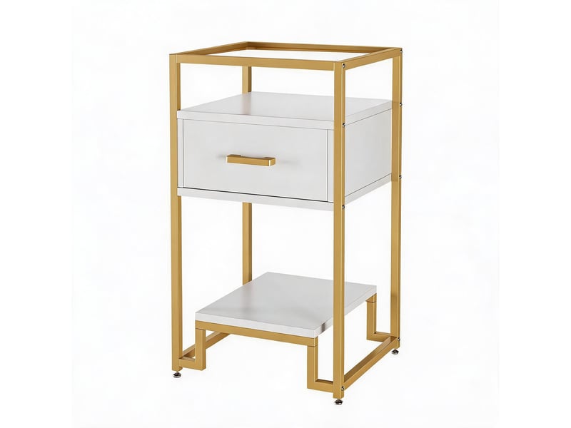  Table chevet moderne blanche dorée, 3 niveaux, tiroir bois, verre trempé, châssis acier, rangement entrée, chambre, salon, couloir, VAM_1EAWF8A7 - Conforama A