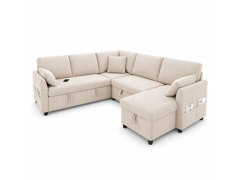 Canapé d’angle convertible 6 places 255 x 196 x 85 cm, réversible, 2 coffres de rangement, usbusb-c, 3 coussins, beige - Conforama A