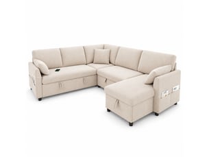 Canapé d'angle réversible convertible 6 places Tissu beige avec coffre de rangement