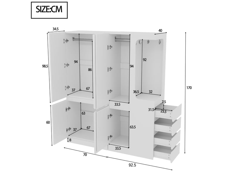 Armoire 140x40x170 cm avec tiroirs et espaces de rangement coloris blanc - Conforama C