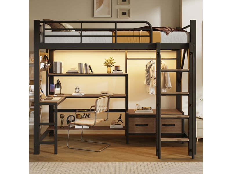 Lit mezzanine 90 × 200 cm avec bureau, étagères, tiroirs en tissu, led, usb et rangements pour chambre d’enfant - Conforama E