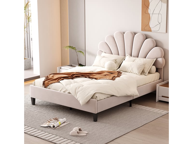  Lit double rembourré 2 places 140x200 cm avec tête de lit fleur capitonnée, sommier à lattes, cadre robuste, velours beige, adulte et adolescent  - Conforama C