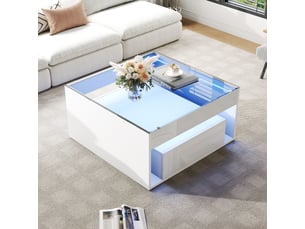 Table basse carrée 70x70 cm avec 2 tiroirs, plateau en verre trempé et éclairage led, mdf blanc brillant