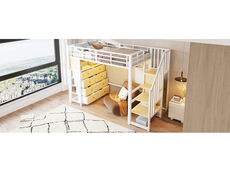  Lit mezzanine enfant simple 90×200 cm, 8 tiroirs, led et étagères  - sans matelas, métal blanc  - Conforama E