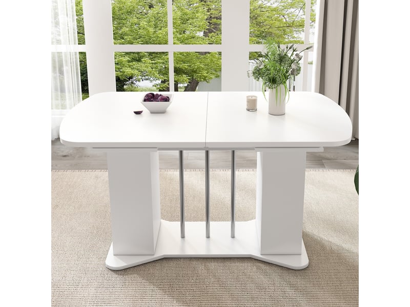Table de salle à manger extensible pour 4 à 6 personnes avec rangements intégrés en mdf blanc, pieds argentés - Conforama C