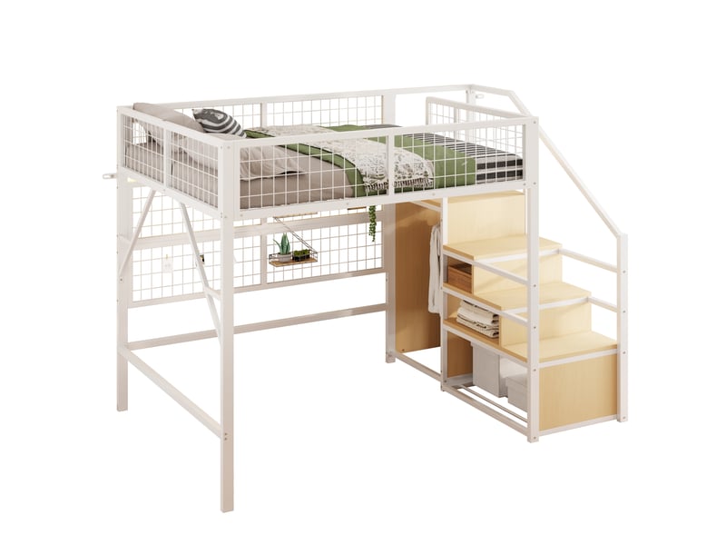  Lit mezzanine 140x200 cm blanc avec escalier de rangement et éclairage led  - Conforama A
