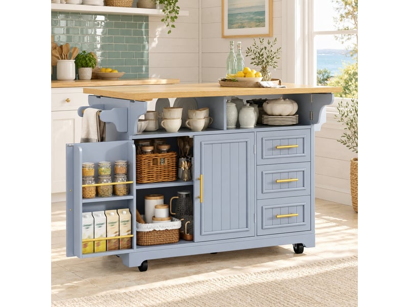 Îlot de cuisine mobile avec plateaux rabattables - lpospi - 3 tiroirs, rangement, mdf bleu 120 × 40 × 95 cm - Conforama B