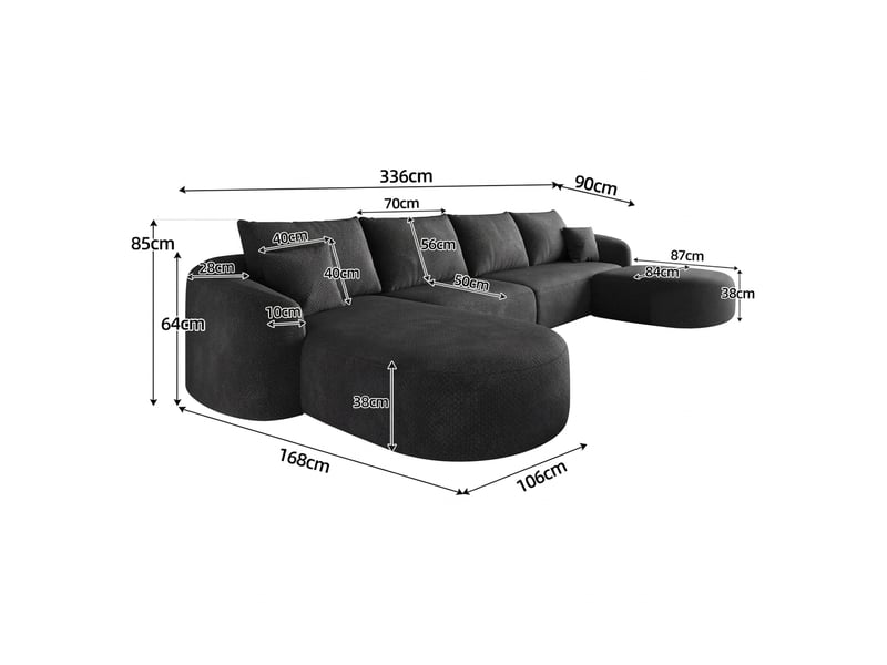  Canapé d’angle en u 6 places, modulable en chenille noire, 336 cm  - Conforama C