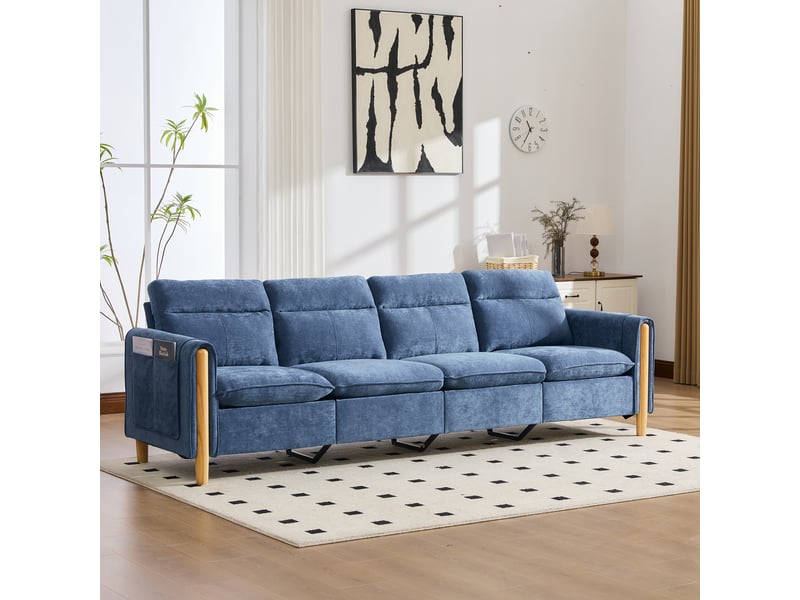  Canapé panoramique en u 4 places avec 2 poufs de rangement  - pieds bois, chenille bleu 261 × 77 × 86 cm  - Conforama C