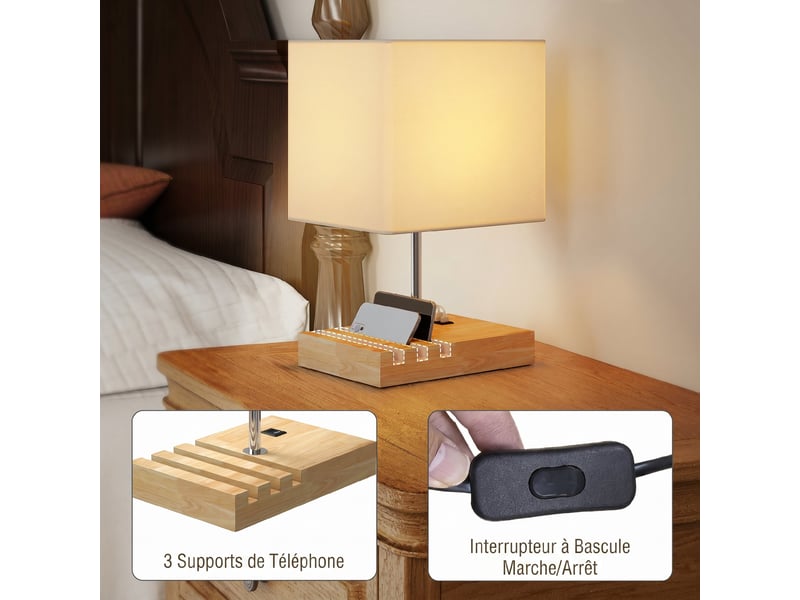  Lampe de chevet avec usb a+c, lampe de table moderne, 3 supports pour téléphone, blanc, ampoules non incluses  - Conforama E