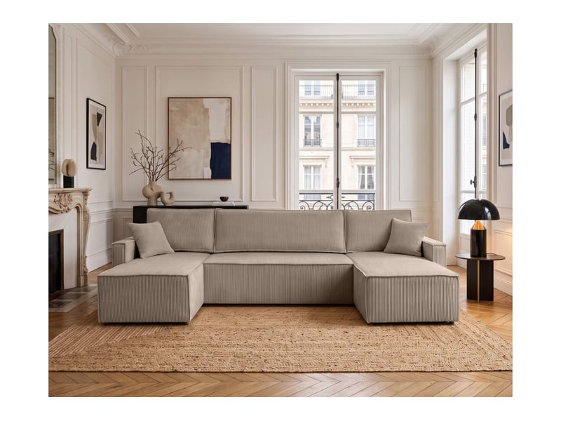  Farah - canapé d'angle panoramique convertible 6 places accoudoirs slim en velours cotelé  - Conforama B