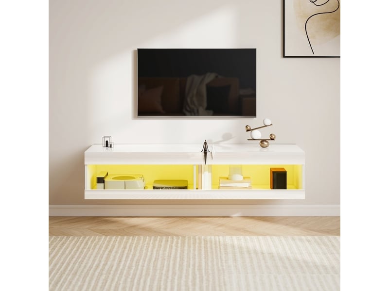 Meuble tv mural led avec 2 niches ouvertes et passe-câbles pour tv 55 à 60 pouces blanc brillant 140 × 40 × 30 cm - Conforama E