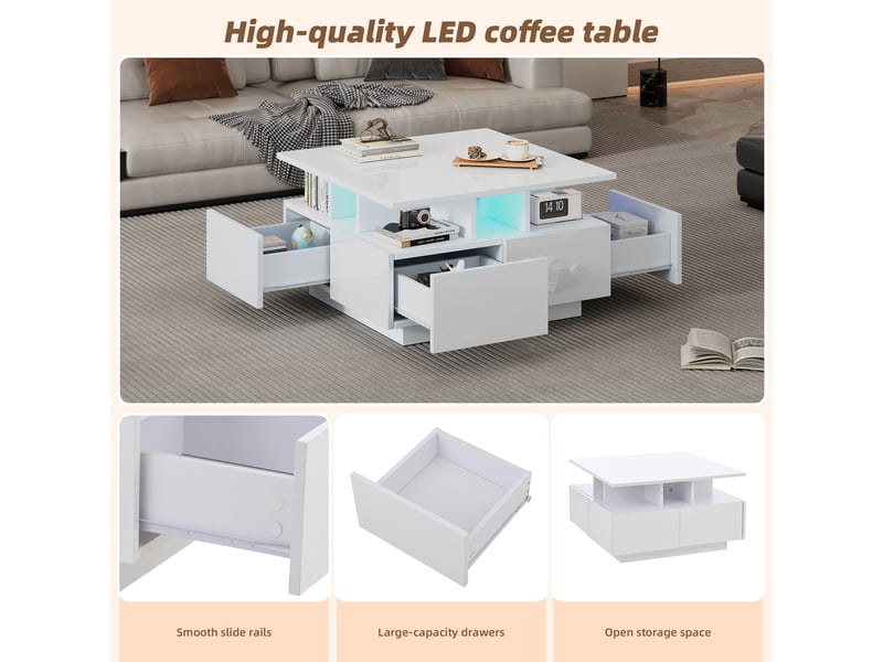  Table basse avec 4 tiroirs et led pour salon en panneaux de particules 70×70×40 cm blanche  - Conforama C