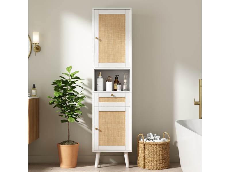  Armoire de salle de bain avec 2 portes réversibles, tiroir et niche, fermeture douce, blanche 40 × 30 × 166 cm  - Conforama D