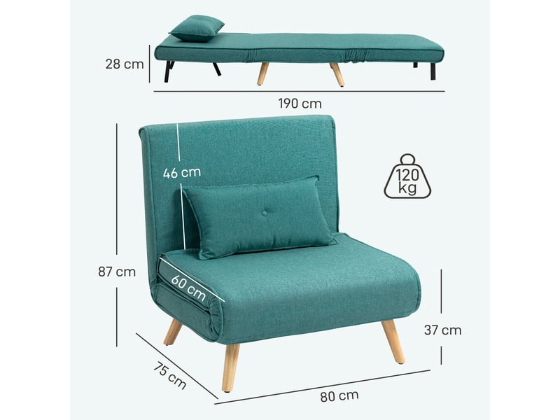  Fauteuil convertible style nordique - fauteuil lit chaise longue 3 en 1 - dossier inclinable - bois tissu turquoise  - Conforama C