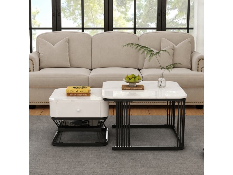  Ensemble de deux tables basses gigognes, effet marbre brillant, 1 tiroir, blanc et noir  - Conforama D