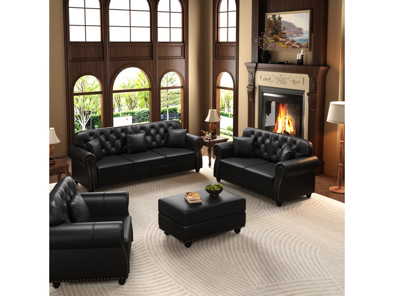  Canapé moderne - ensemble canapé chesterfield 3 pièces avec repose-pieds, 6 places, revêtement en similicuir, noir  - Conforama E