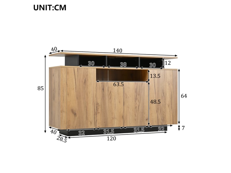 Buffet 140x40x85 cm, 4 portes et niches, commode de rangement pour salon, bureau et salle à manger, aggloméré naturel - Conforama C