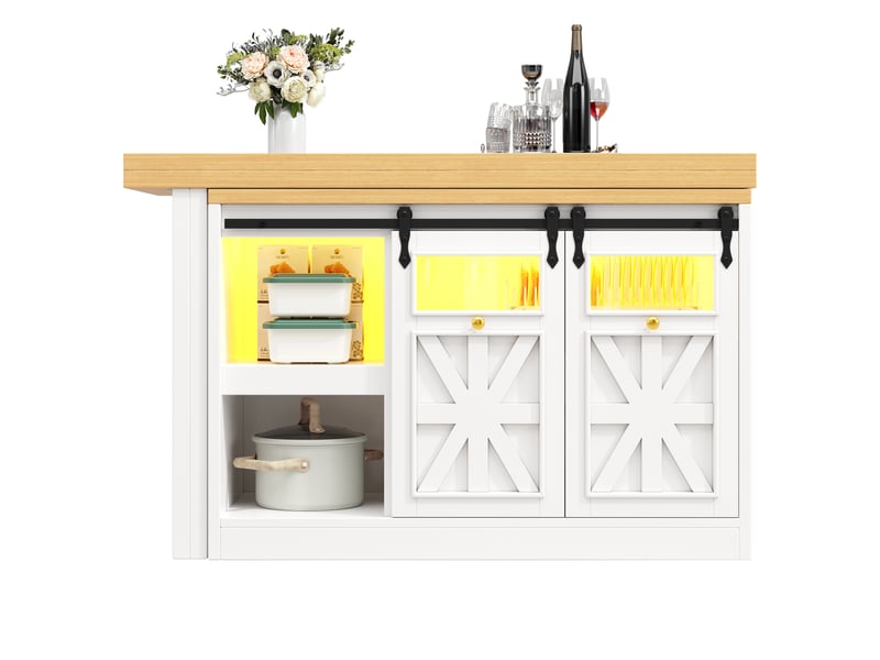  Îlot de cuisine extensible 120-197 x 40 x 72 cm, portes coulissantes vitrées et éclairage led rgb, blanc, en mdf robuste  - Conforama E