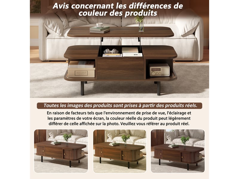  Table basse relevable avec plateau hydraulique, 2 en 1 pour salon et bureau, 101x51cm, mdf noyer, portes coulissantes, rangement caché  - Conforama W