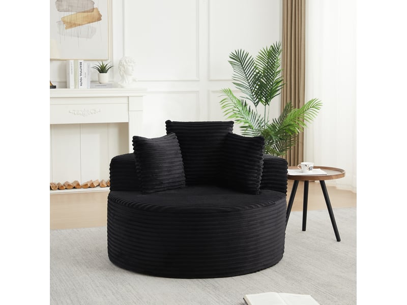  Fauteuil rond 110x110x82 cm avec trois coussins décoratifs, en velours côtelé, noir  - Conforama B
