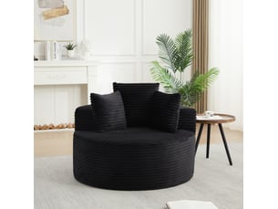 Fauteuil rond 110x110x82 cm avec trois coussins décoratifs, en velours côtelé, noir
