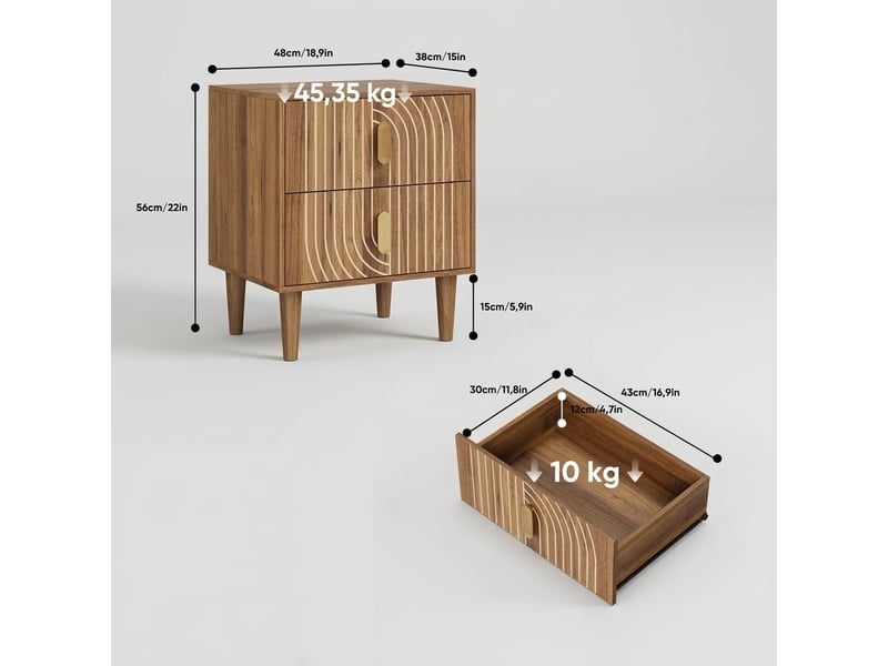  Table de chevet bohème noyer avec 2 tiroirs et motifs géométriques, 48x38x56 cm  - Conforama C
