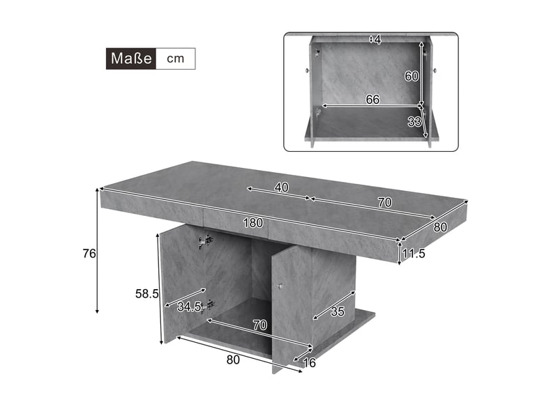  Table extensible, 140-180x80x76 cm, extension automatique et espace de rangement, panneau de particules, coloris gris  - Conforama C