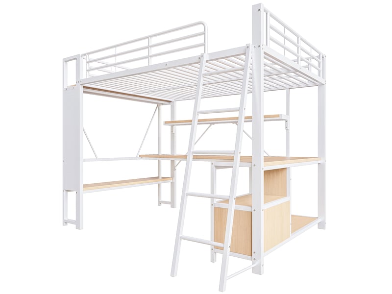 Lit mezzanine 140x200 cm métal blanc avec led, bureau, rangements et usb - Conforama D