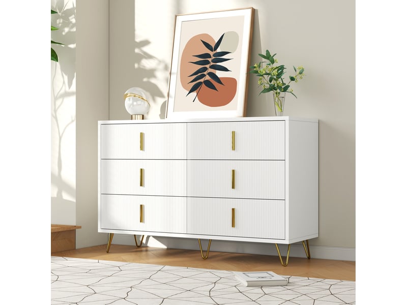  Chiffonnier 6 tiroirs 120x40x77 cm, finition blanc+doré en panneaux de particules, commode au design design  - Conforama D