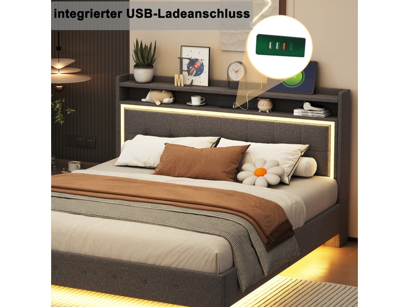  Lit double capitonné 140x200 cm gris en lin, led, usb, pieds cachés et sans matelas et cadre métal stable  - Conforama D