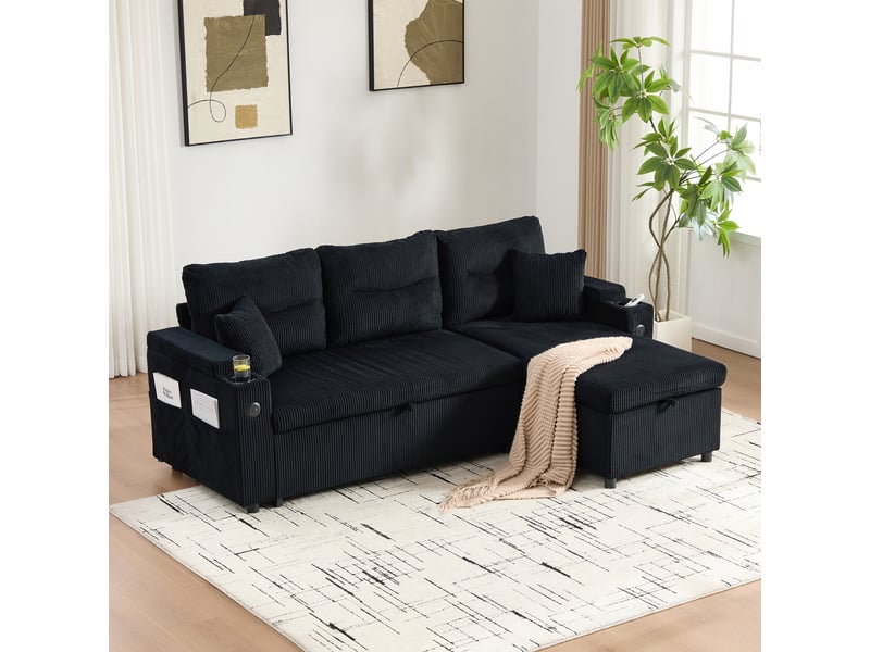  Canapé d'angle convertible 3 places – canapé-lit en velours côtelé avec méridienne, coffre de rangement, tiroir-lit, porte-gobelets, usb type-c – noir  - Conforama C