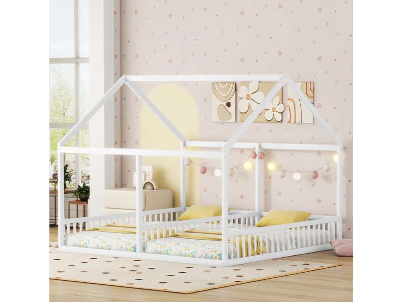 Lit enfant cabane 2 couchages 90x200 cm avec barrières, blanc - Conforama D