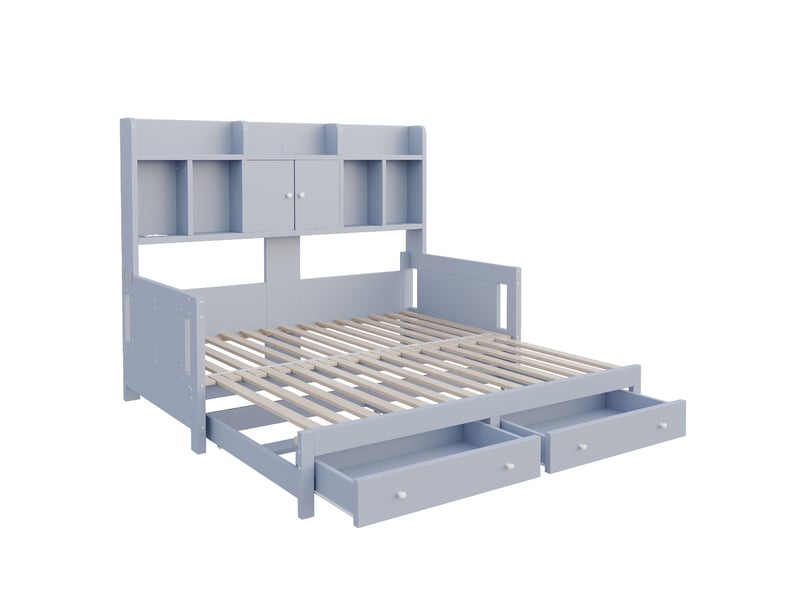  Canapé-lit 90x190 cm, lit enfant, couchage d'appoint, tiroirs, extensible, étagères, bois gris, led  - Conforama B