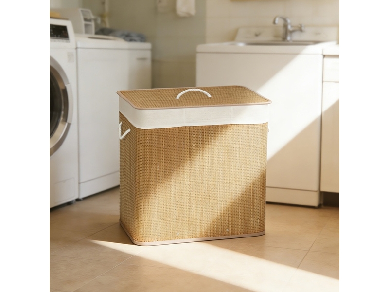  Panier à linge à 3 compartiments avec couvercle et sac lavable en bambou marron 60 × 40 × 60 cm  - Conforama C