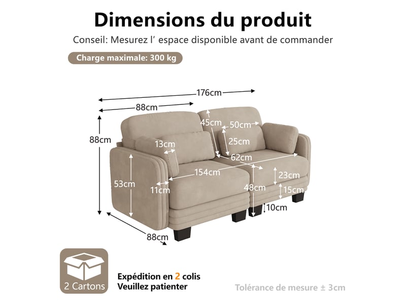  Canapé droit modulable 176 cm 2 places, coussins d'accoudoirs amovibles et coussins lombaires épais à soutien, chenille, ressorts ensachés, marron clair  - Conforama D