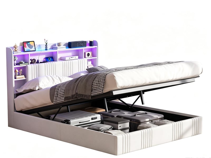  Lit 2 places 140x200 cm – lit coffre – tête de lit avec espace de rangement – ​​ ports usbtype-c – éclairage led rgb –  sommier à lattes – lin beige  - Conforama A