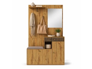 Meubles d'entrée avec miroir, banc rembourré, tiroir, étagères réglables et crochets pour couloir en mdf noir naturel