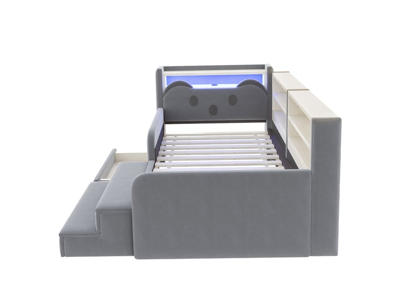  Lit enfant 90x200 cm tête de lit ours, led, usb, tiroir et pouf amovible en velours gris clair Fay Lum - Conforama W