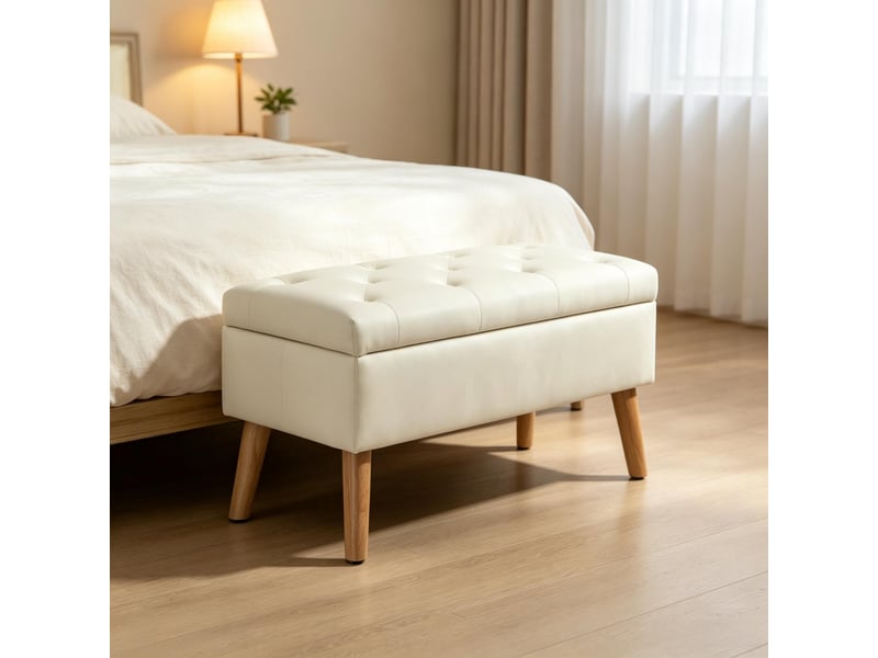  Banc de rangement - 80 x 35 x 42 cm - crème - bout de lit capitonné avec coffre et pieds en bois massif  - Conforama E