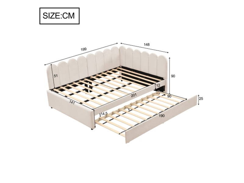  Lit d'angle capitonné et canapé-lit 140x200 cm – couchage escamotable, velours beige, dossier fleuri  - Conforama C