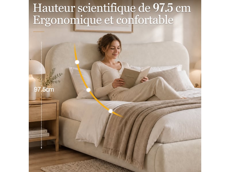 Lit double 160 x 200 cm, lit avec mécanisme de relevage hydraulique, tête de lit rembourrée en chenille, pieds en bois massif, beige - Conforama E