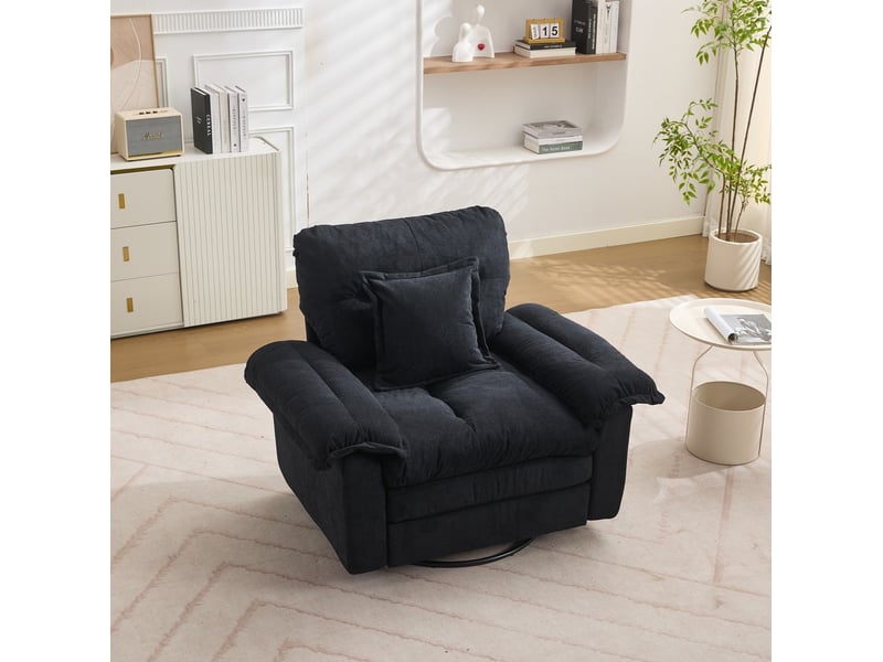  Fauteuil pivotant 360° 116x84x96 cm, assise confort, coussin de soutien, pour salon, chambre et bureau, chenille noir  - Conforama B