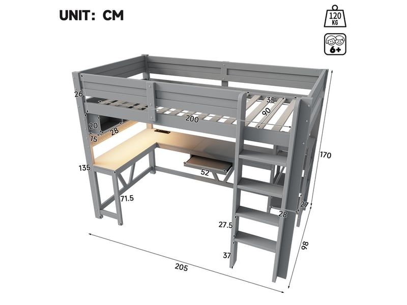 Lit mezzanine, 90 x 200 cm, lit en bois, étagères, tiroir pour clavier dissimulé, prises électriques, barre de penderie, gris - Conforama C