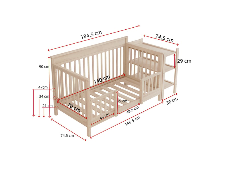  Lit bébé 3 en 1 184,5x74,5cm lit cododo avec table à langer amovible bois de pin massif naturel  - Conforama C