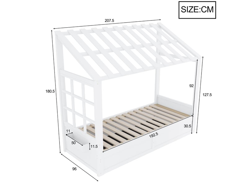  Lit coffre enfant, 90x200 cm, design cabane, fenêtres, toit, sommier à lattes, matelas non inclus, bois, coloris blanc  - Conforama C