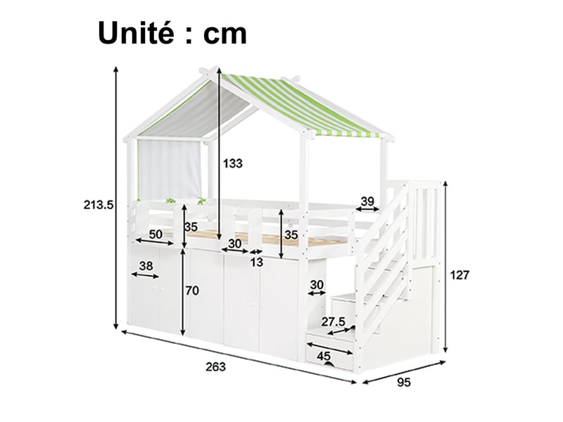  Lit mezzanine lit simple avec escalier à 3 placards, armoire, toit et barrières, 90x200 cm, sans matelas  - Conforama D