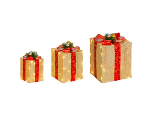 Ensemble de 3 boîtes cadeaux de noël avec 58 lumières led blanc chaud et décorations dorées pour sapin de noël.