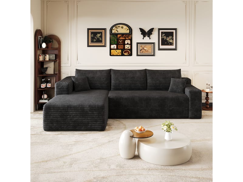 Canapé d'angle compressé 241x151x58 cm, assise profonde, velours côtelé, sans montage, mousse haute élasticité pour salon - noir - Conforama D