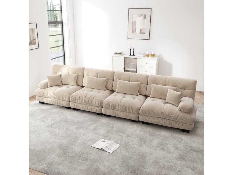  Canapé d'angle modulaire 4 places avec assise profonde et coussins, style vintage, en chenille, brun clair  - Conforama B